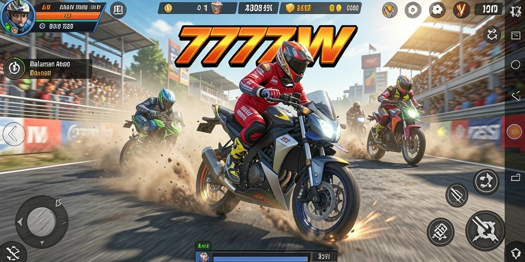 Tampilan gameplay menegangkan dalam balapan motor di 7777W.