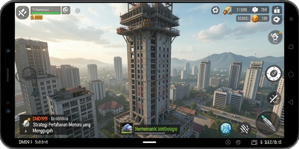 Screenshot gameplay DMD999 menunjukkan aksi mendebarkan Tower Defense.