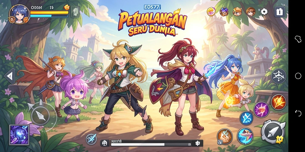 Screenshot gameplay yang menampilkan karakter anime dalam pertempuran.