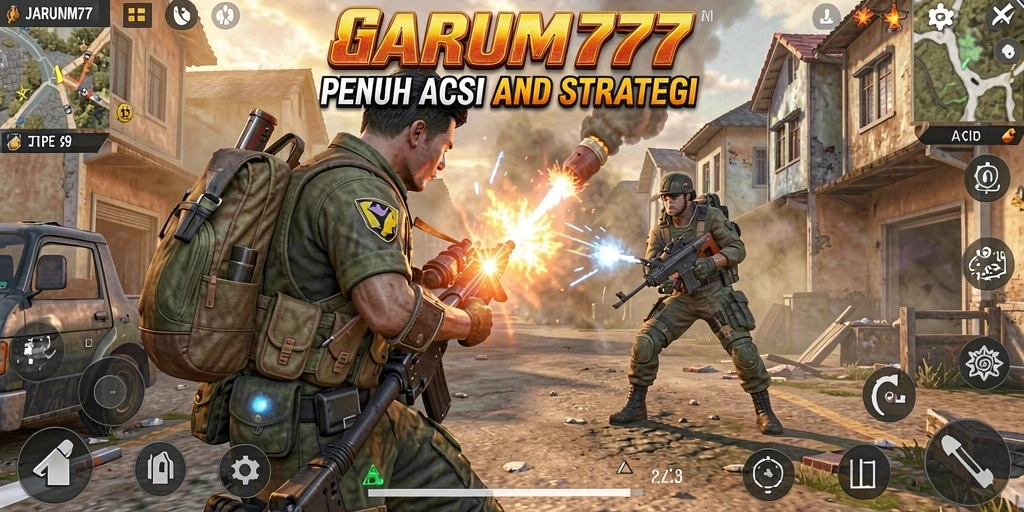 Tangkapan layar gameplay JARUM77 menunjukkan aksi intens di medan perang.