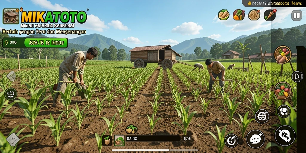 Tampilan gameplay MIKATOTO menampilkan pertanian yang ceria dan aktivitas menyenangkan.