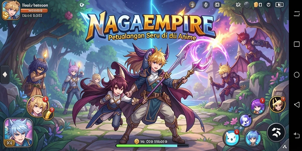 Screenshot gameplay NAGAEMPIRE menampilkan aksi seru dan karakter anime.