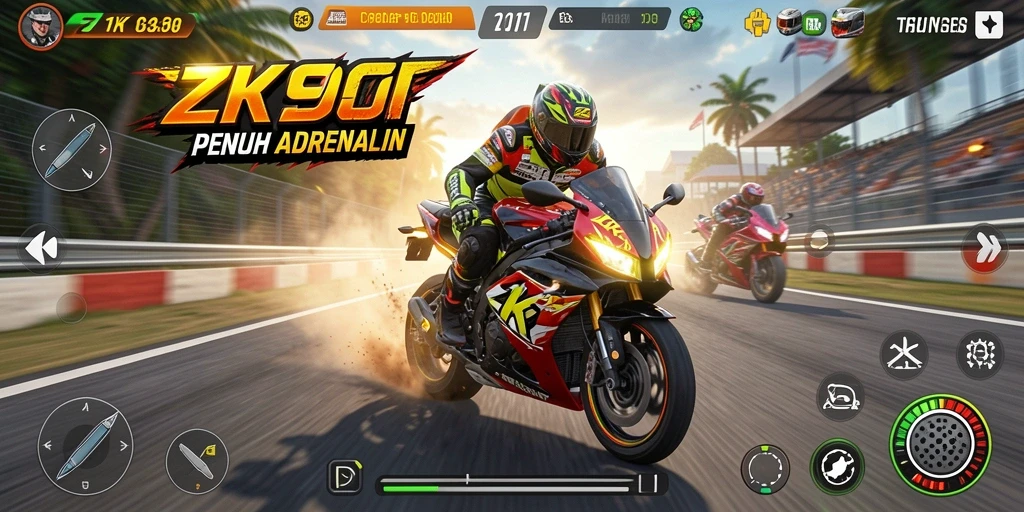 Screenshot ZK9 menampilkan aksi balap motor yang mendebarkan.